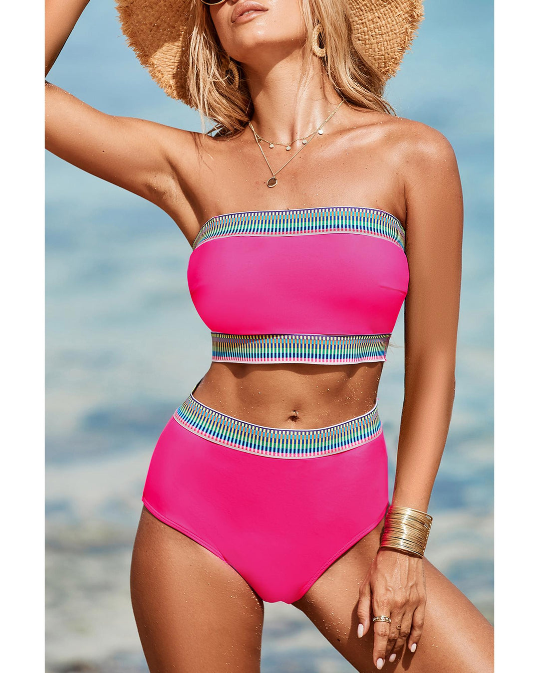 Rose Red Contrast Banding Tube Bikini High Waist 2pcs Swimsuit - L