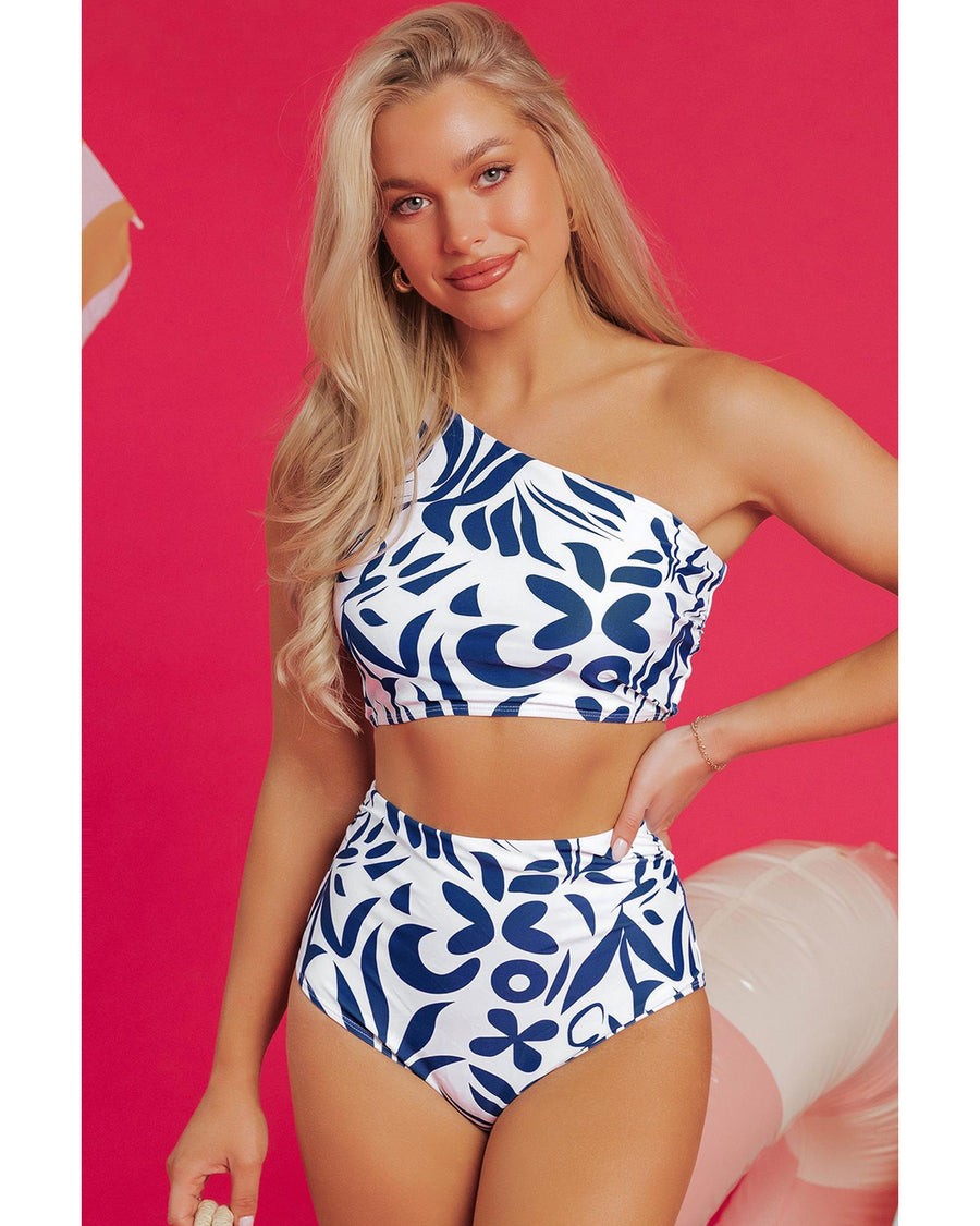 Blue Printed One-shoulder High Waisted Bikini - S