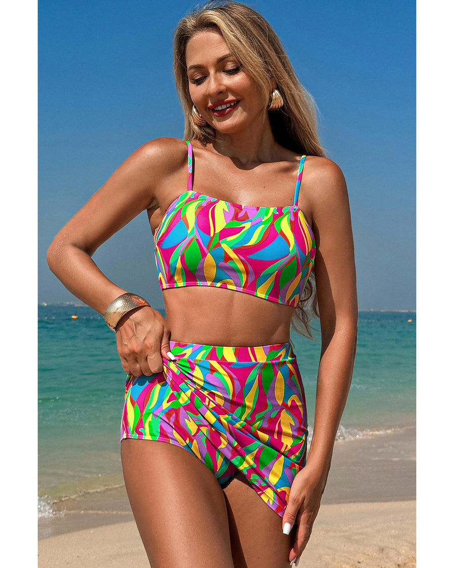 Multicolour Abstract Print Textured Spaghetti Strap High Waist Bikini Set - M