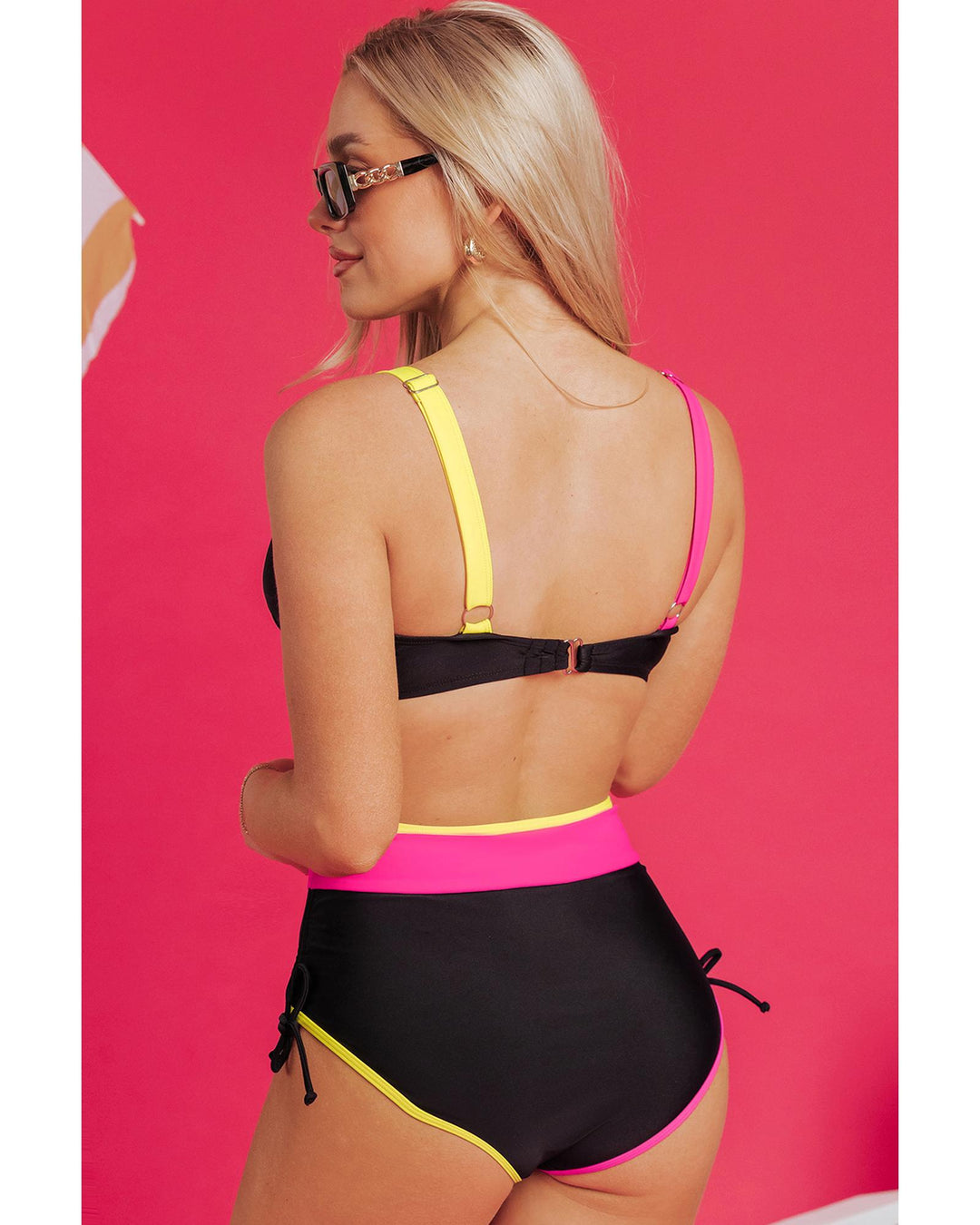 Black Color Block Drawstring Side V Neck High Waist Bikini Set - M