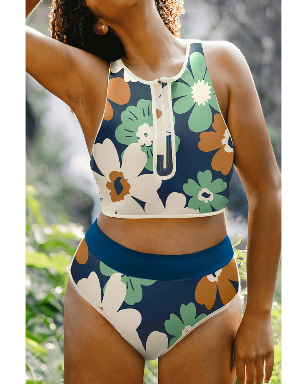 Blue Flower Zip up Racerback High Waisted Bikini - L