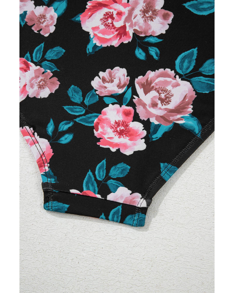 Sea Green Solid Ruffled Square Neck Swim Top and Floral Shorts Bikini Set - L