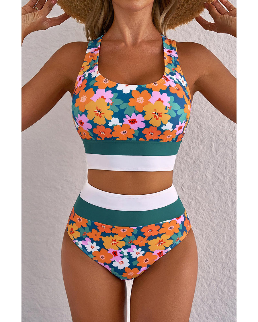 Green Floral Print Racerback Cutout High Waist 2pcs Bikini - XL