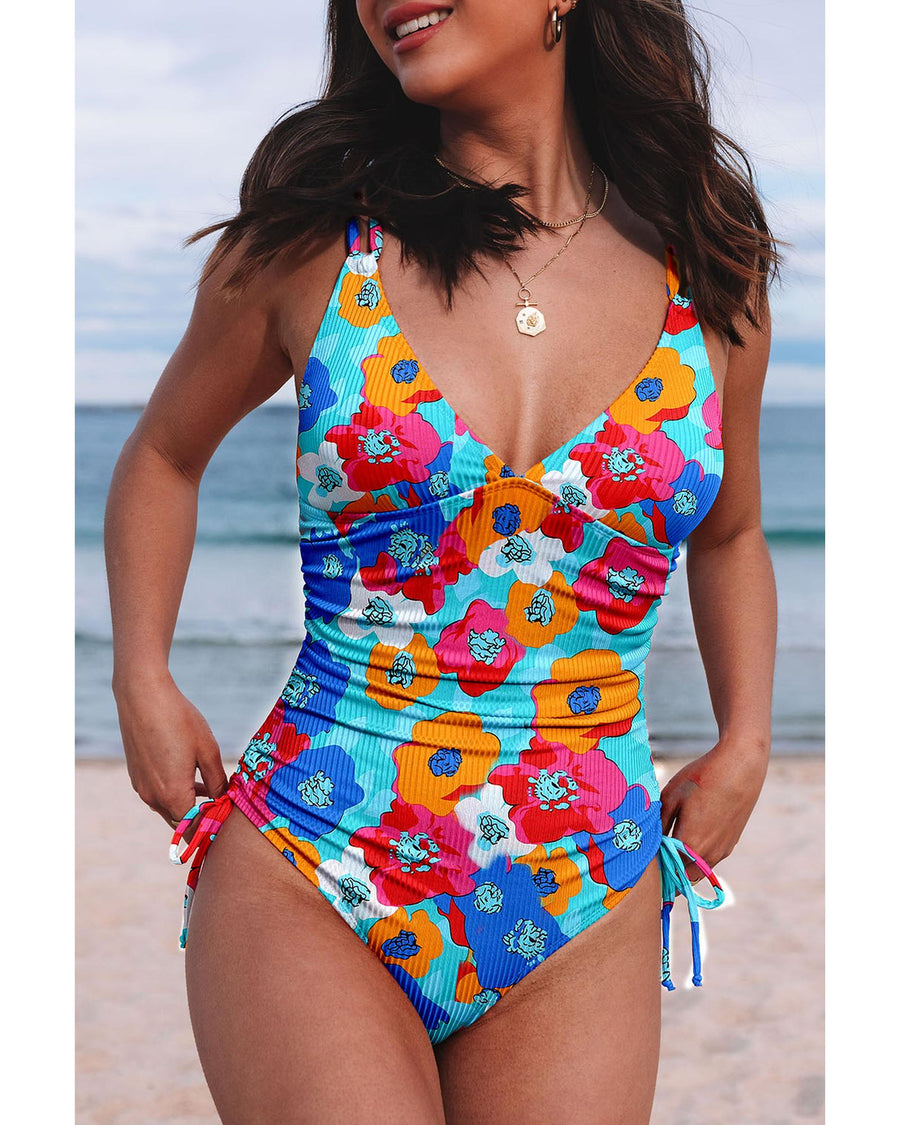 Sky Blue Orange Adjustable Straps Ribbed Knit One Piece Swimsuit - M