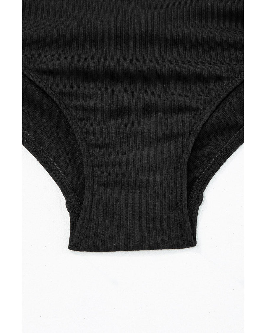 Black Ribbed Drawstring Sides Cutout One Piece Swimsuit - XL