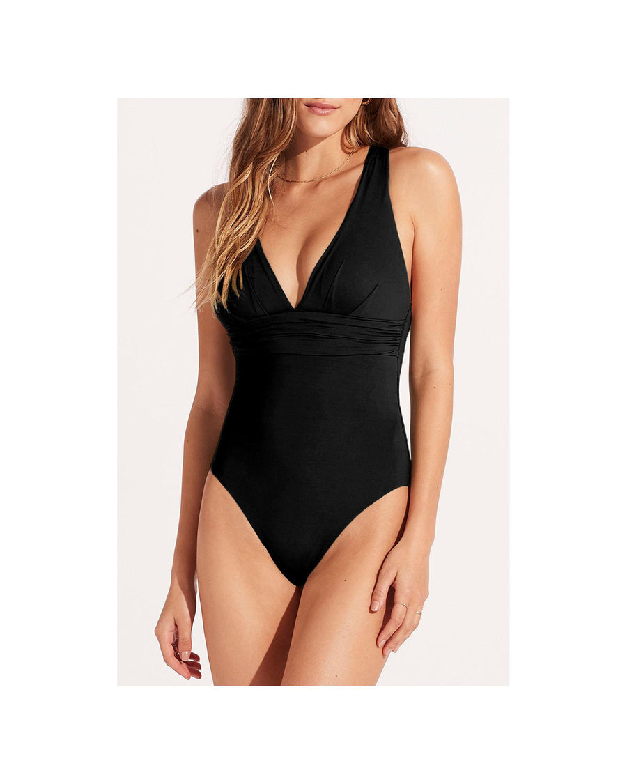 Black Deep V Neck Crossover Backless Ruched High Cut Monokini - S