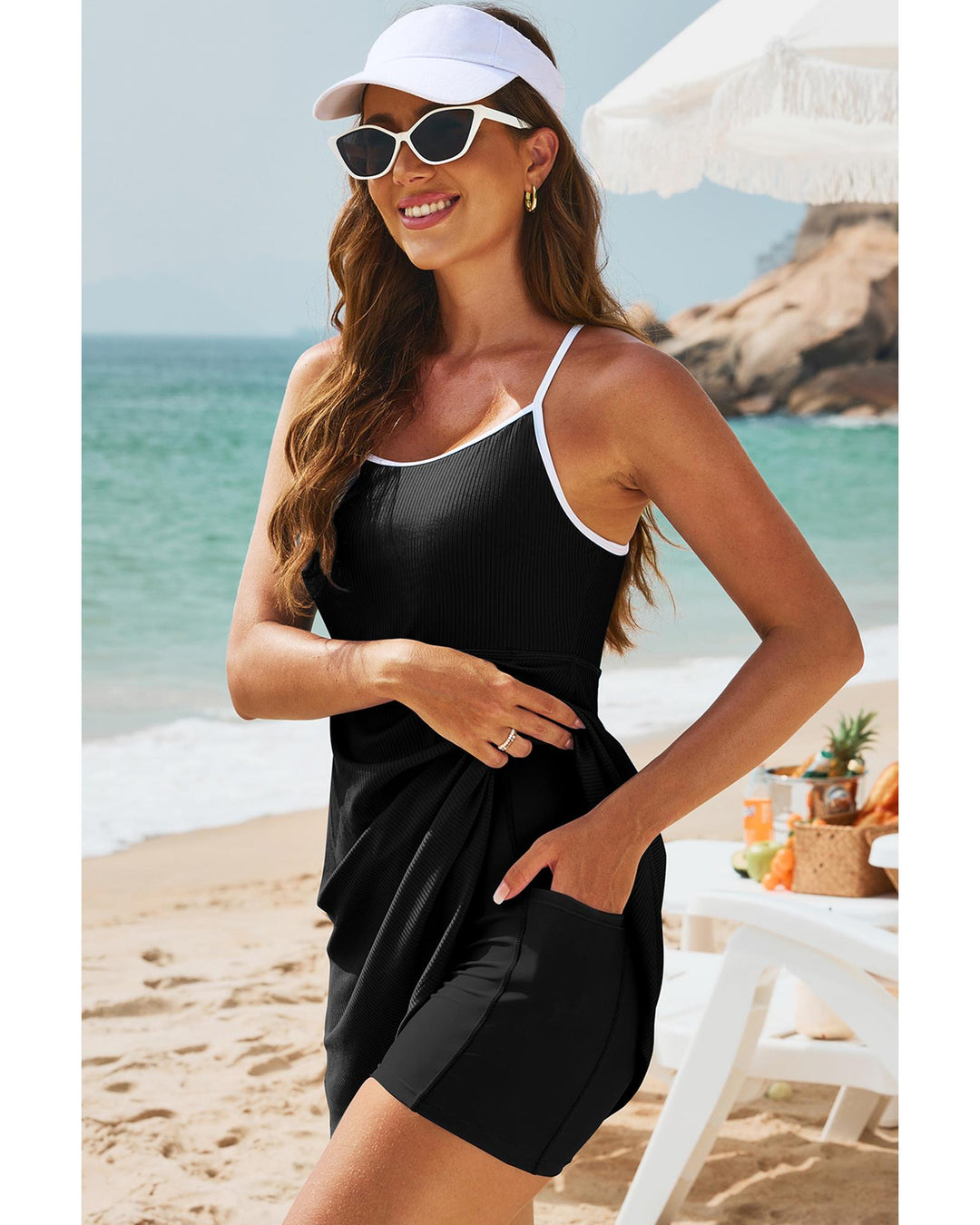 Black Sporty Ribbed Spaghetti Straps One Piece Swimdress - M