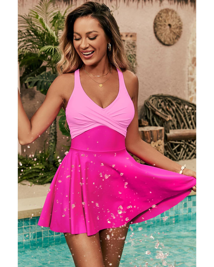Rose Red Crisscross Straps Tie Back Flared One Piece Swimsuit - XL