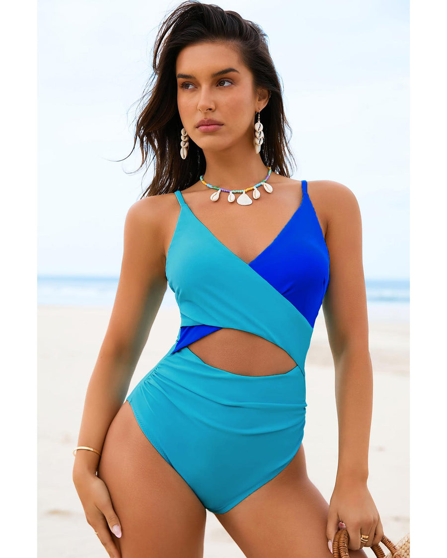 Light Blue Crossover Colorblock Cutout One Piece Swimsuit - 2XL