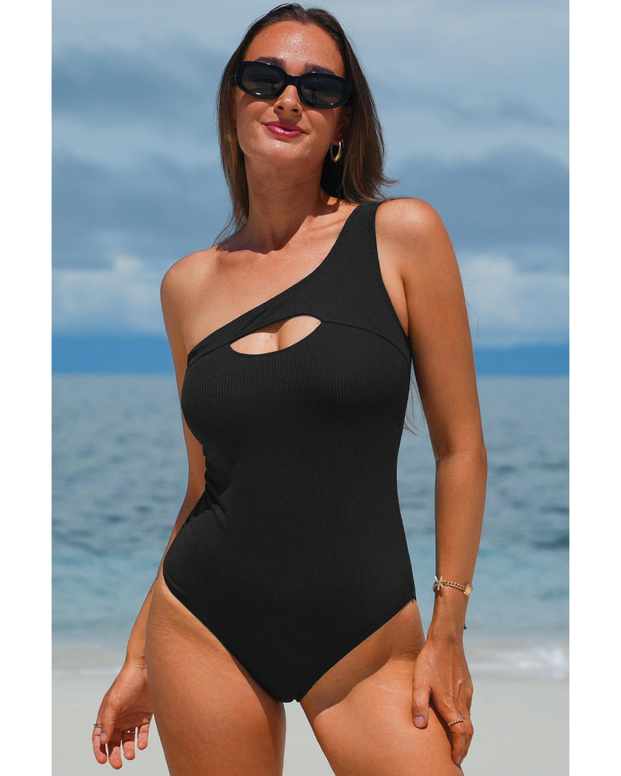 Black Ribbed One Shoulder Hollowed One Piece Swimsuit - L