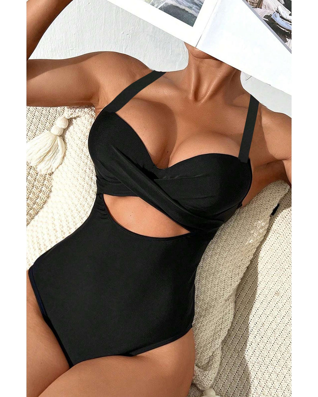 Black 2-tone Crossed Cutout Backless Monokini - S