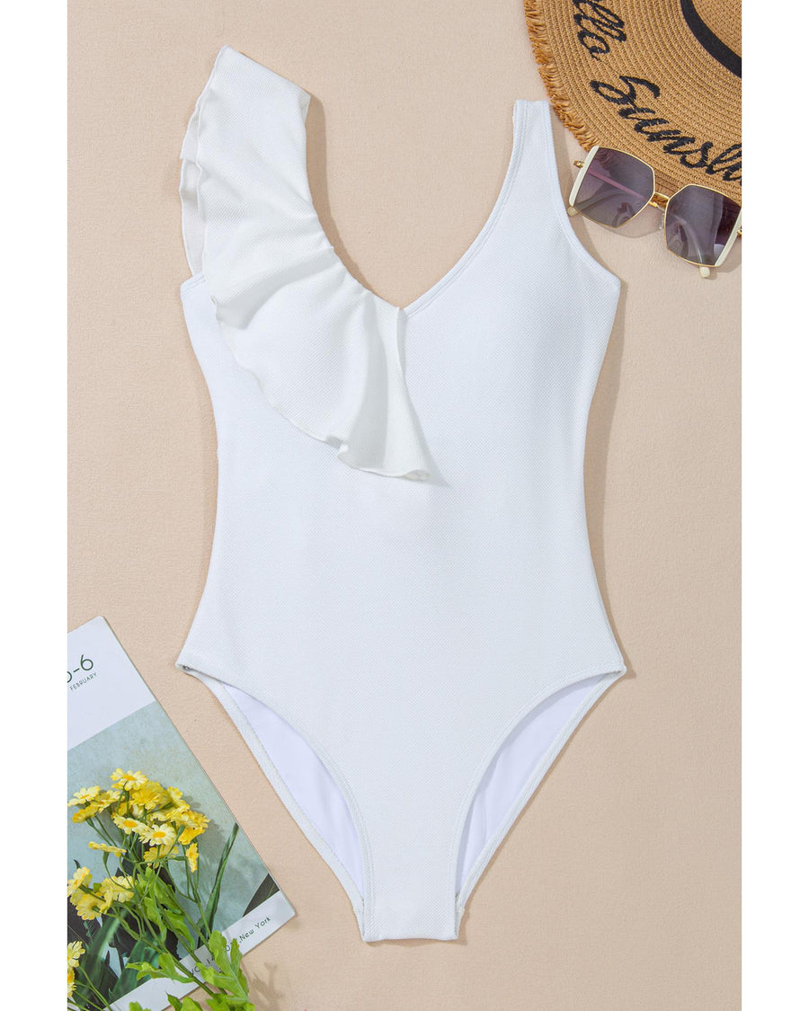 White Asymmetric Ruffle Trim Tie Waist One Piece Swimsuit - L