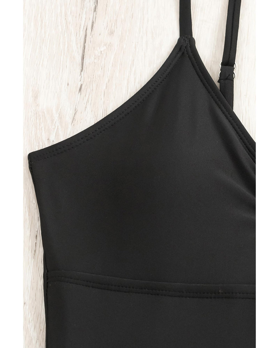 Black Spaghetti Straps Metal V Decor One-Piece Swimsuit - S