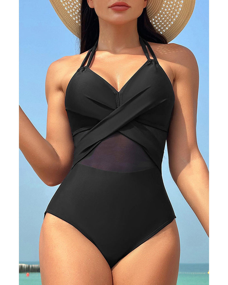 Black Halter Mesh Insert Cross Front One-Piece Swimsuit - S