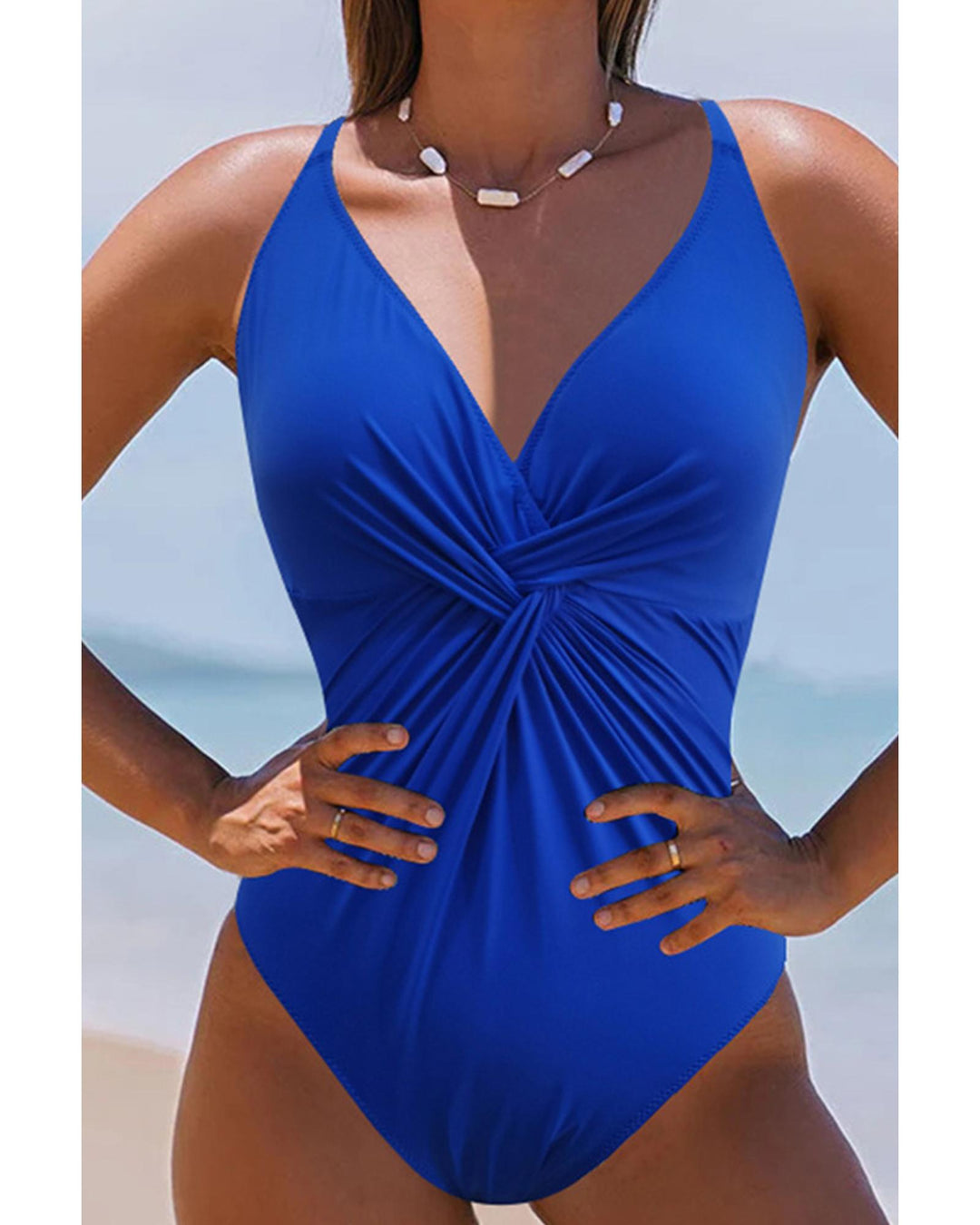 Dark Blue V Neck Twist Ruched Crisscross Backless One-Piece Swimsuit - S
