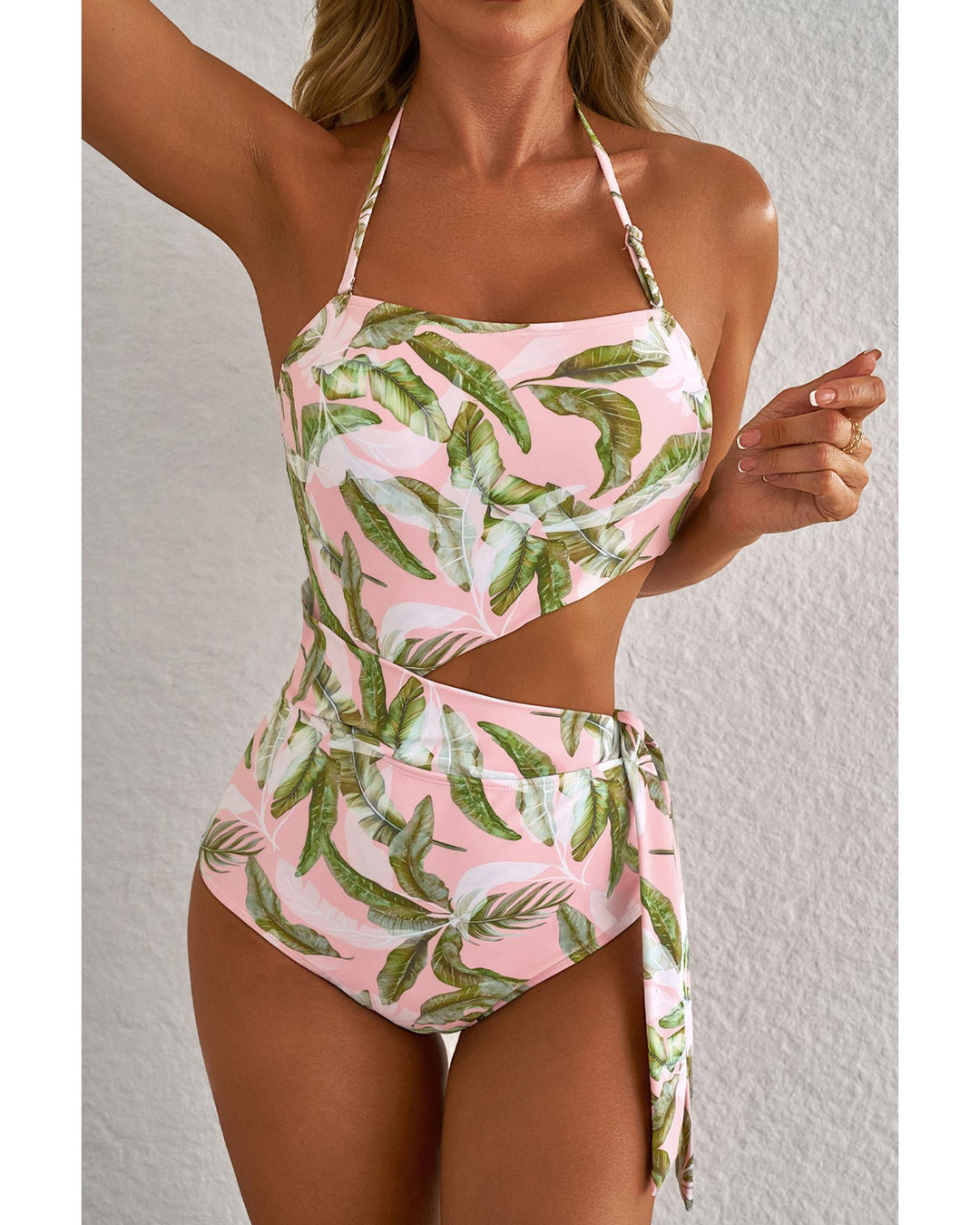 Pink Tropical Asymmetric Cut out Halter Backless One Piece Swimwear - 2XL
