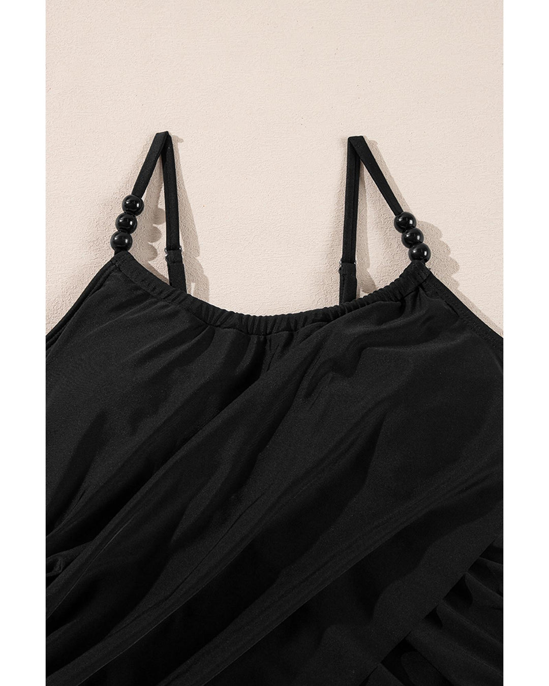 Black Beaded Spaghetti Straps Ruched Overlapped Colorblock One Piece Swimsuit - S