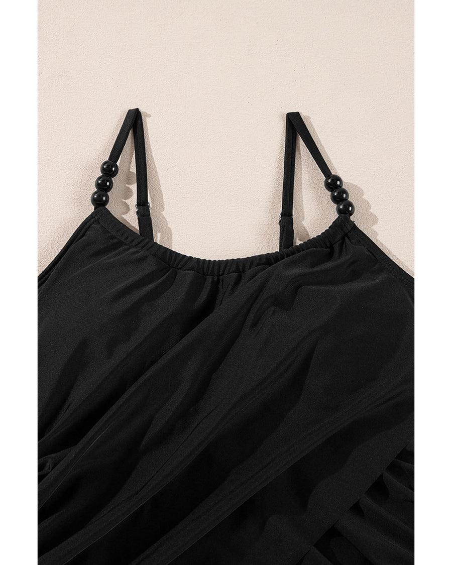 Black Beaded Spaghetti Straps Ruched Overlapped Colorblock One Piece Swimsuit - XL