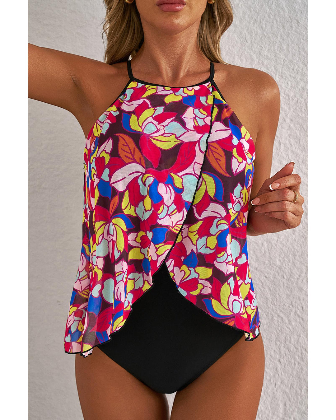 Purple Floral Print O Neck Open Back One Piece Swimsuit - S