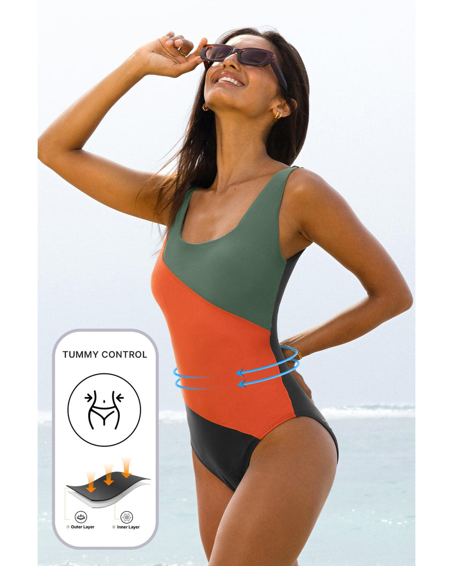 Duffel Green Color Block Padded Square Neck One Piece Swimsuit - XL