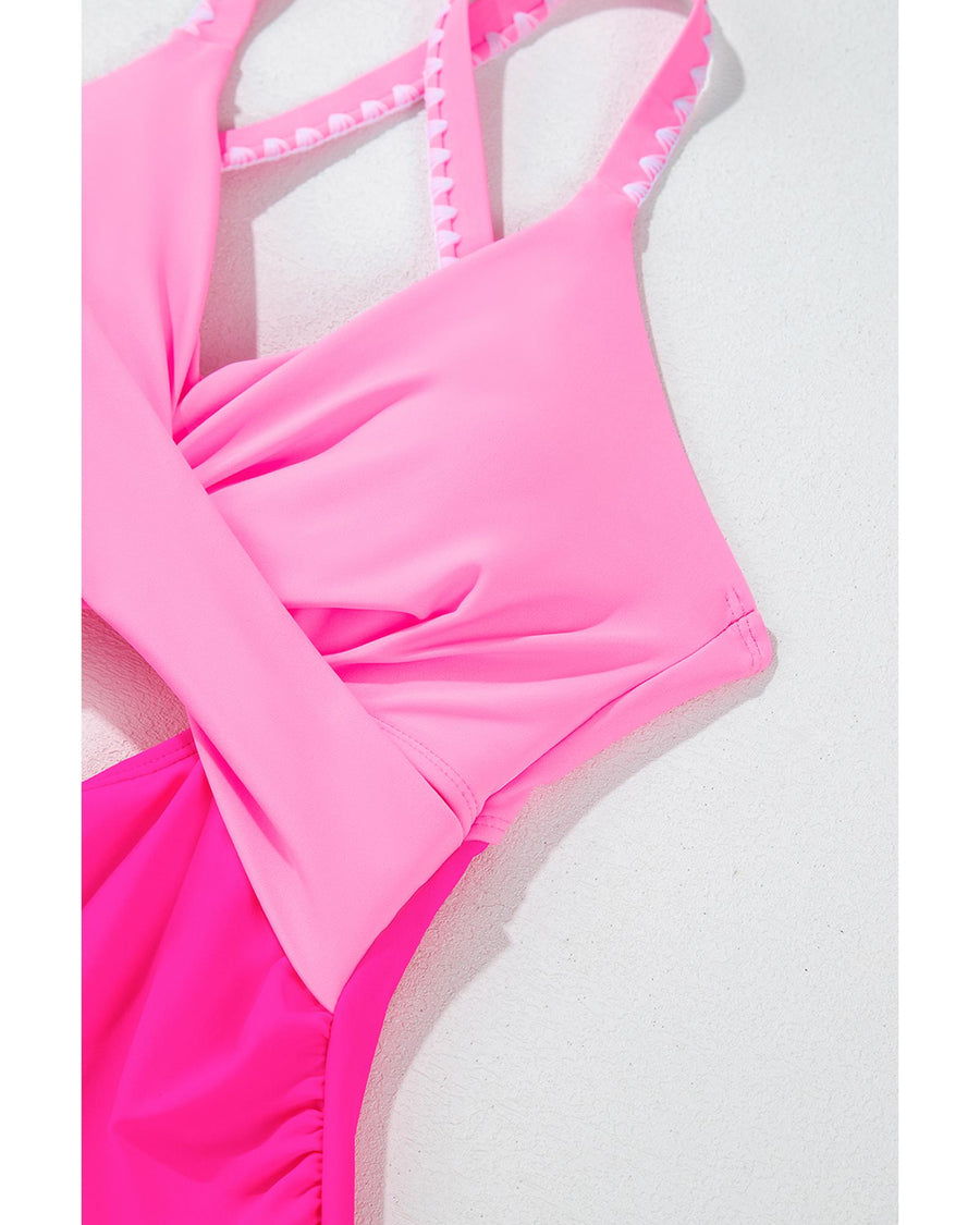 Rose Red Ric Rac Trim Contrasted Patchwork Cutout One Piece Swimsuit - L