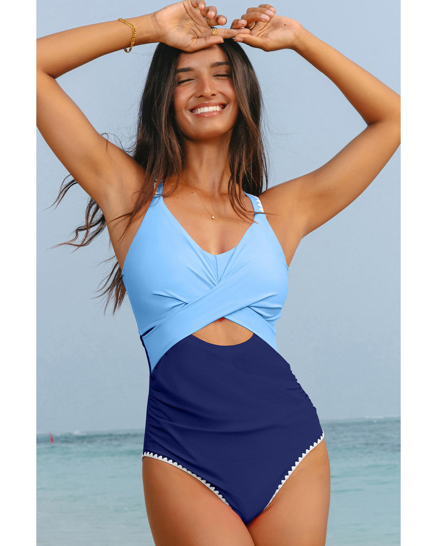 Beau Blue Ric Rac Trim Contrasted Patchwork Cutout One Piece Swimsuit - M