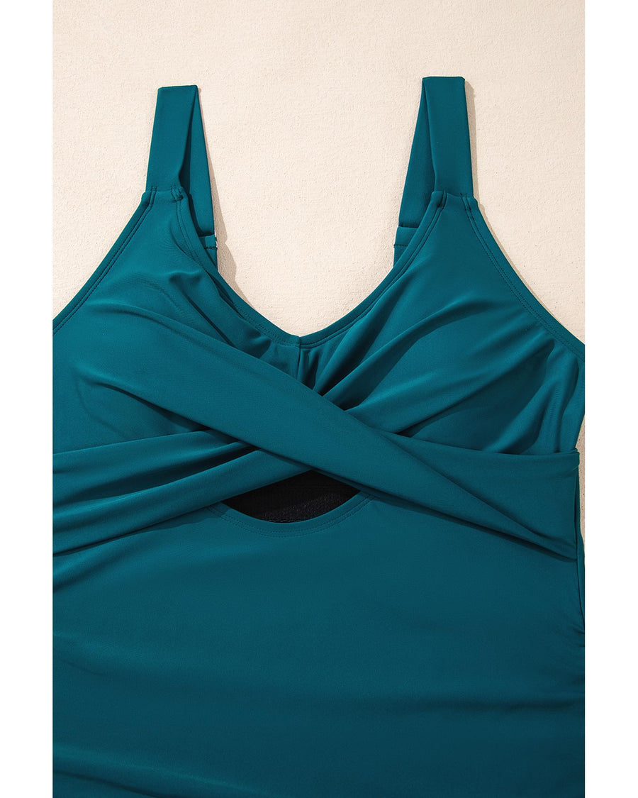 Sea Green Adjustable Straps Cutout Ruched Knot Slit One Piece Swim Dress - M