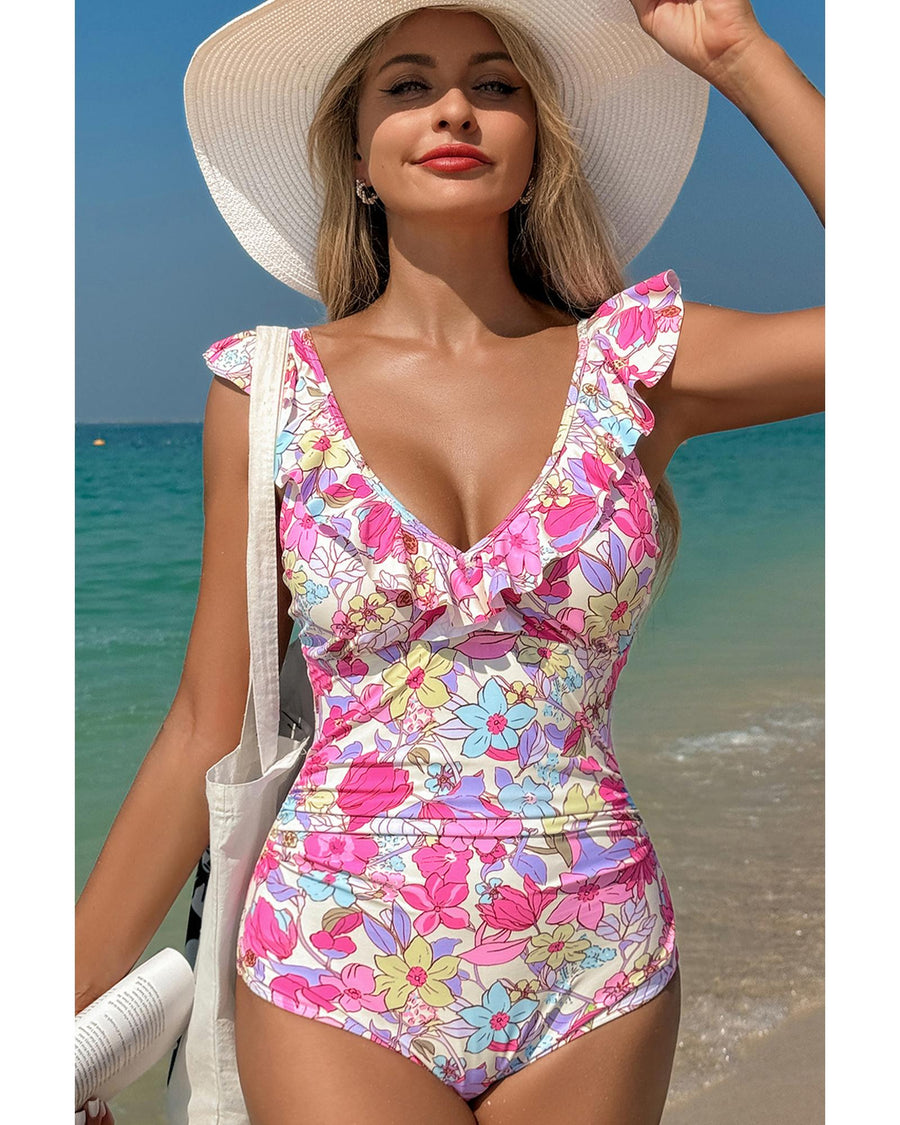 Pink Floral Ruffle Trim V Neck Lace-up Back Tummy Control One Piece Swimsuit - M