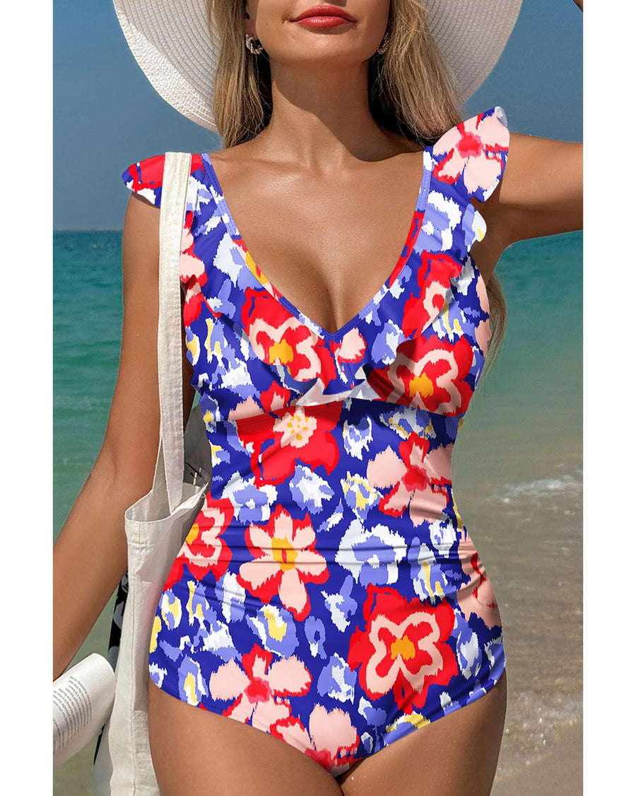 Blue Floral Ruffle Trim V Neck Lace-up Back Tummy Control One Piece Swimsuit - S