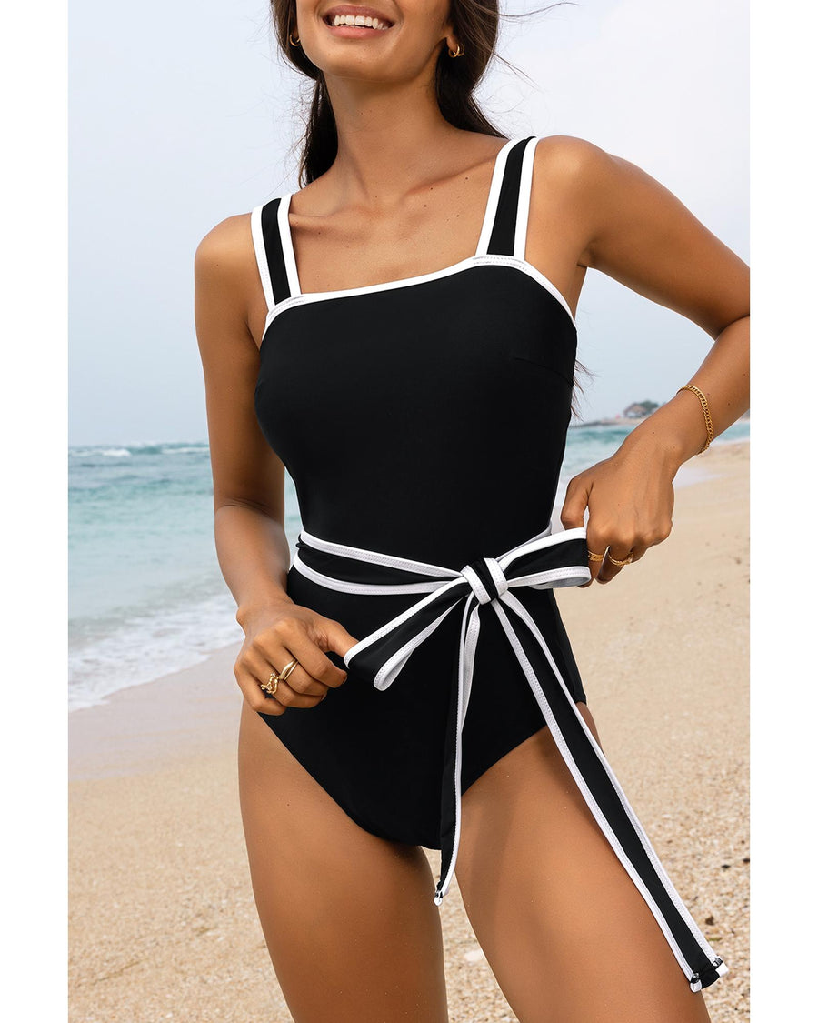 Black Colorblock Edge Belted One Piece Swimsuit - L