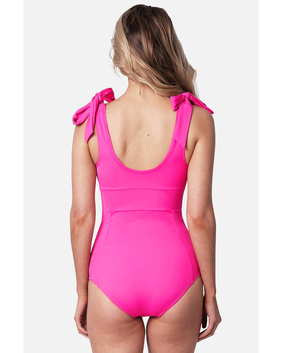 Rose Red Square Neck Knotted Shoulder Open Back One Piece Swimsuit - M