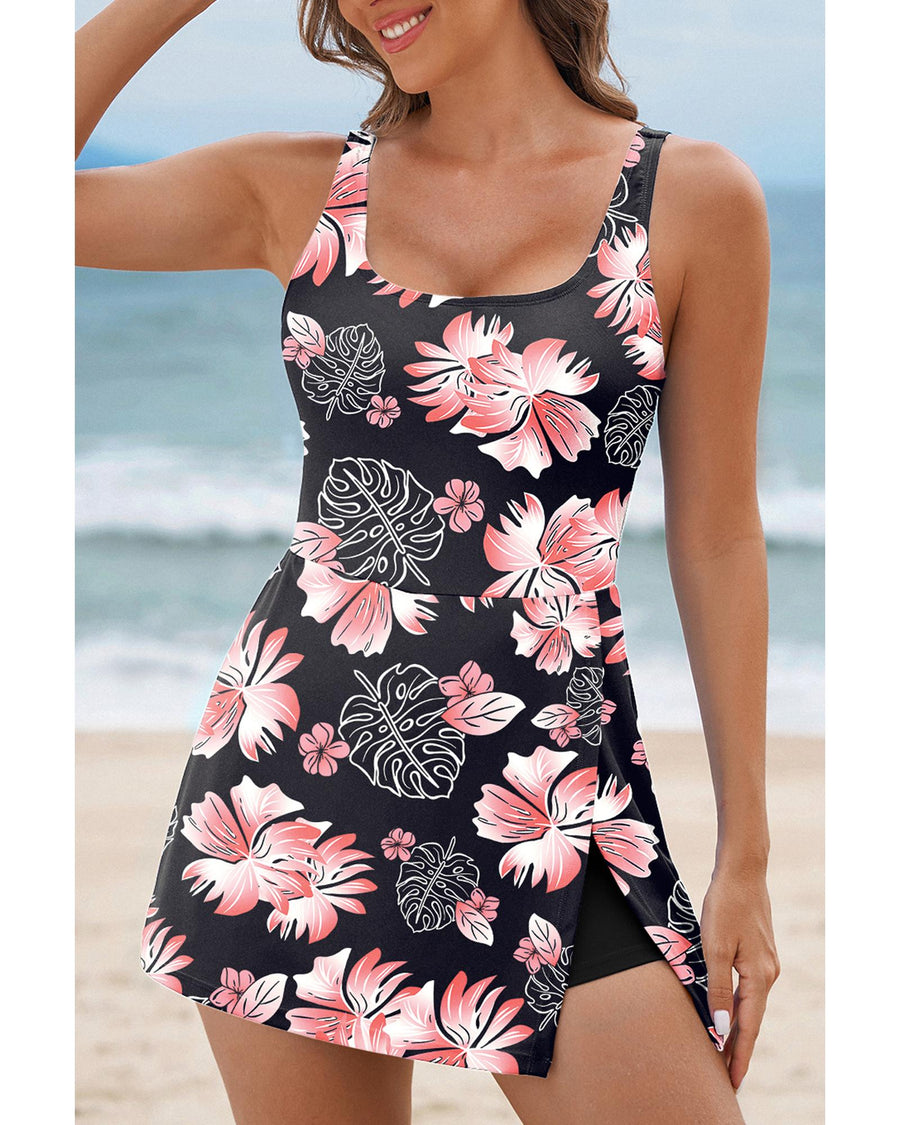 Black Floral Print Twisted Hollowed Back Swim Dress - 2XL