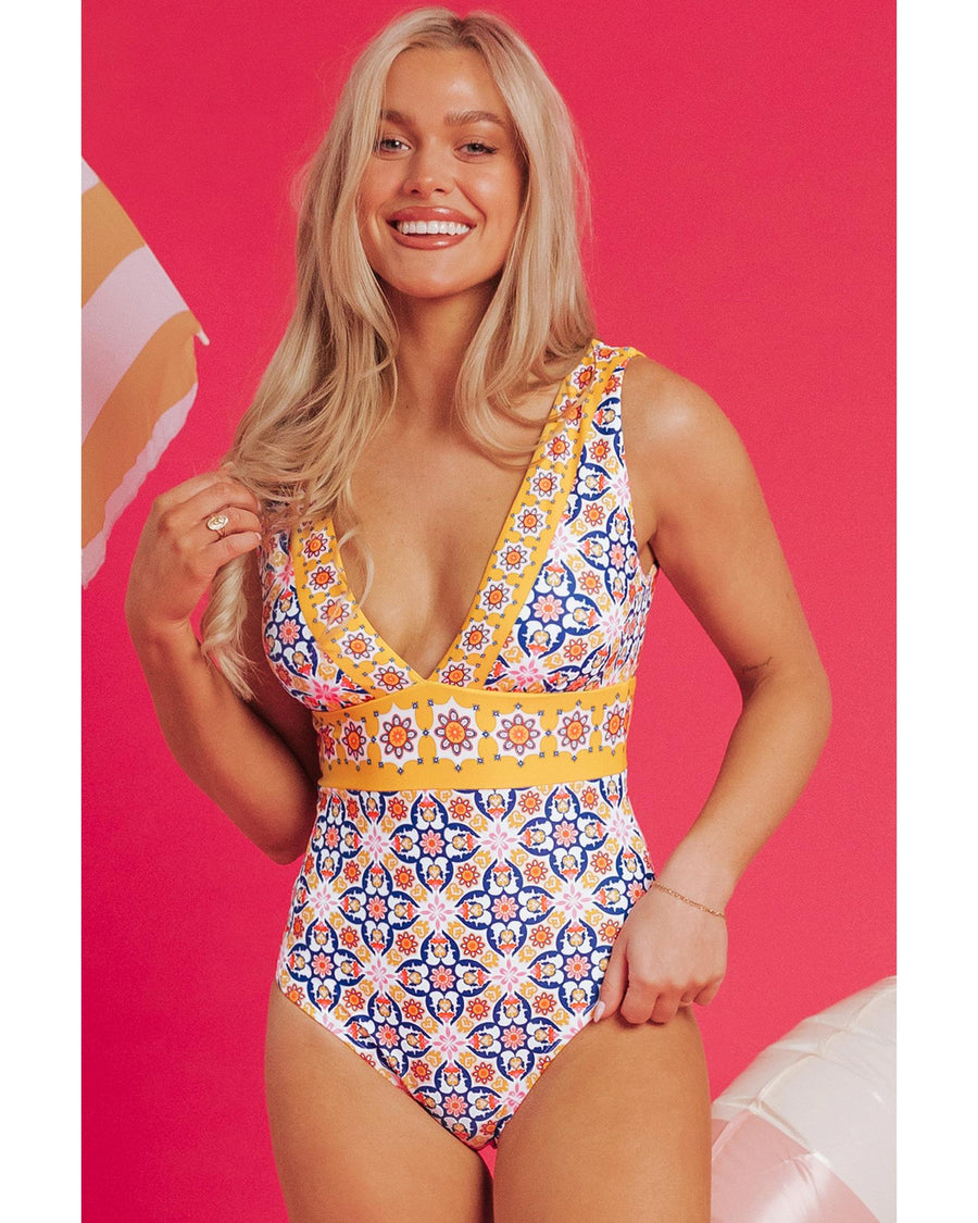 Yellow Floral Print V Neck One Piece Swimsuit - 2XL