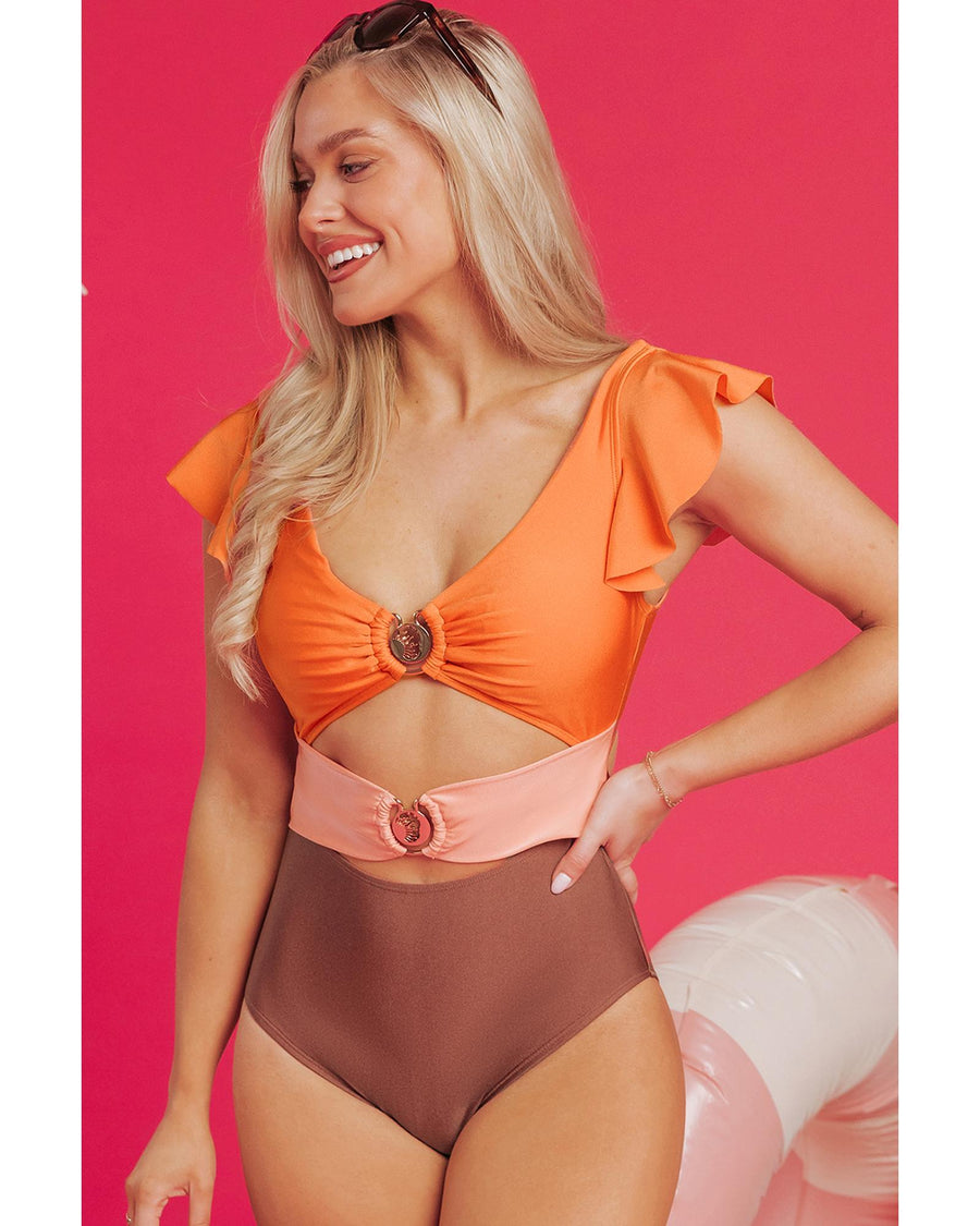 Orange Ruffle Sleeve Tricolor Cutout Front Ring One Piece Swimsuit - XL