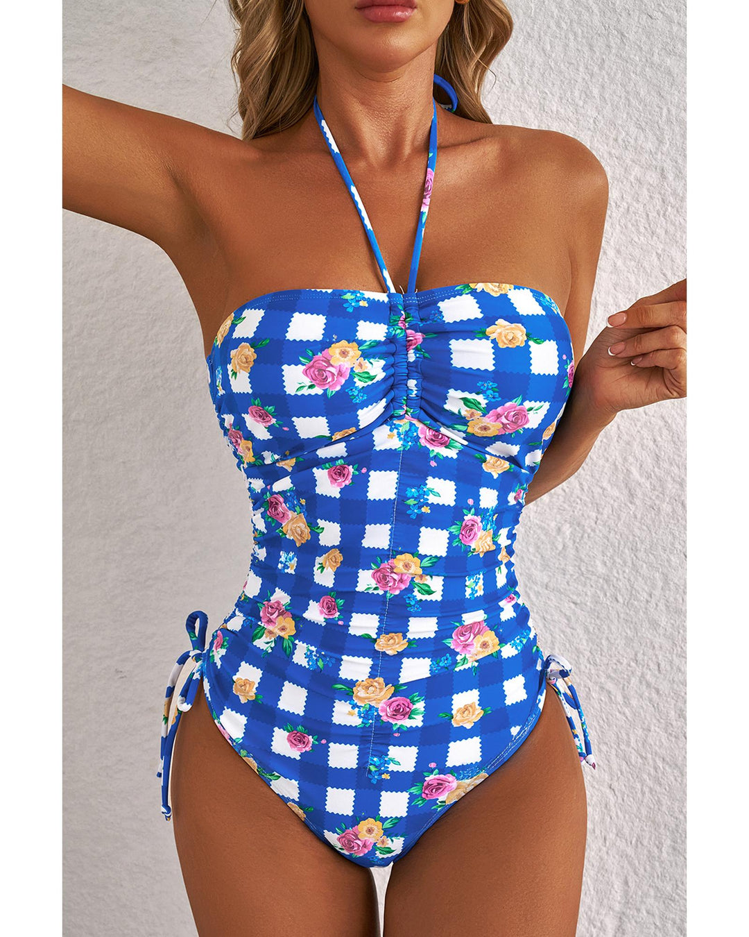 Blue Folk Gingham Halter Ruched Bodice Drawstring Ties One Piece Swimwear - XL
