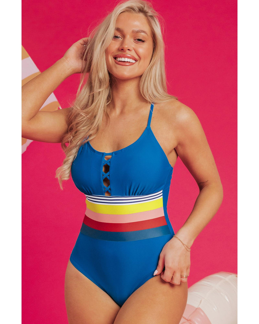 Prussian Blue Contrast Stripe Accent Crisscross One Piece Swimwear - L