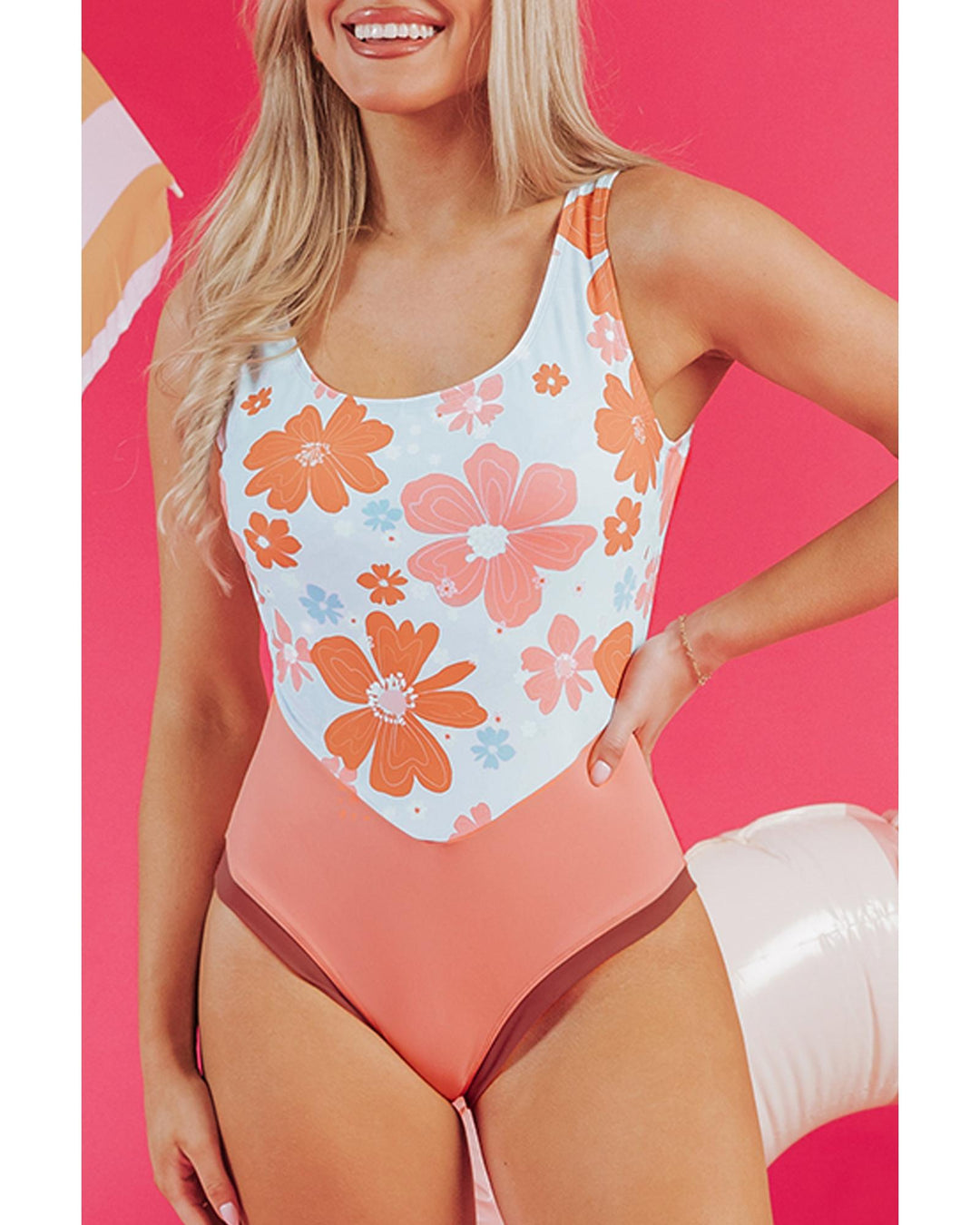 Orange Floral Patchwork Backless One Piece Swimsuit - 2XL