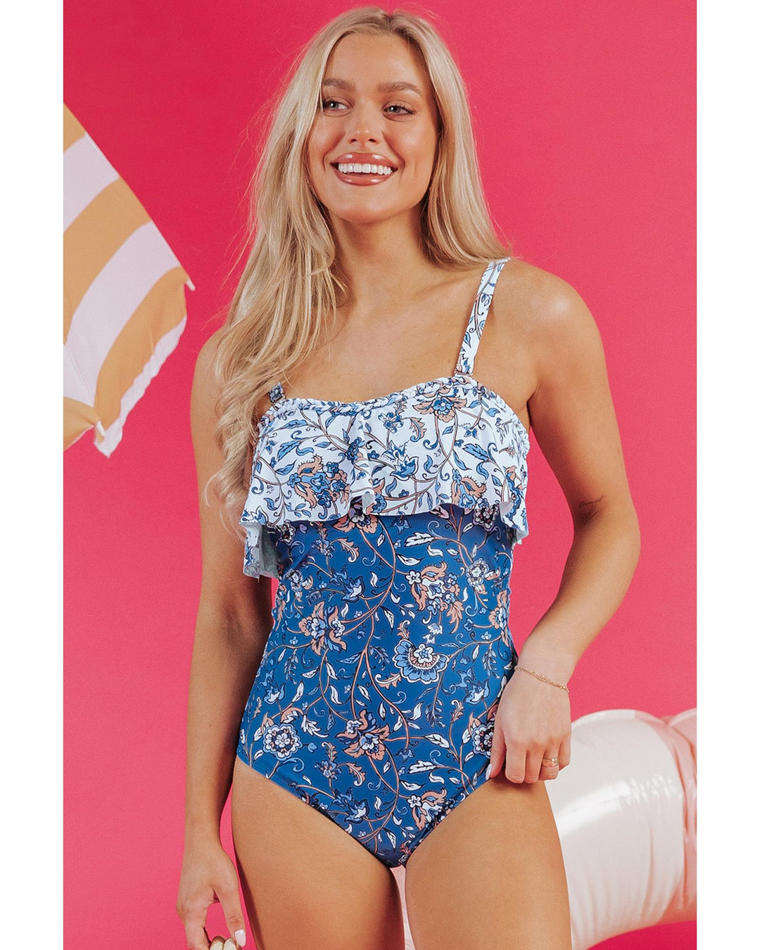 Sky Blue Floral Printed Ruffle Removable Strap One Piece Swimsuit - 2XL