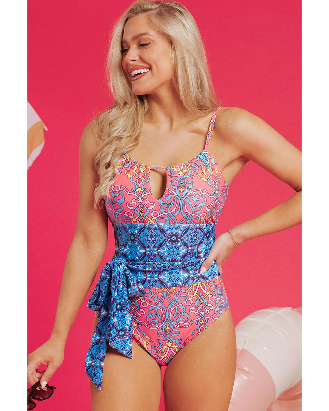 Blue Geometric Print Hollow Out Knotted Waist One Piece Swimsuit - S