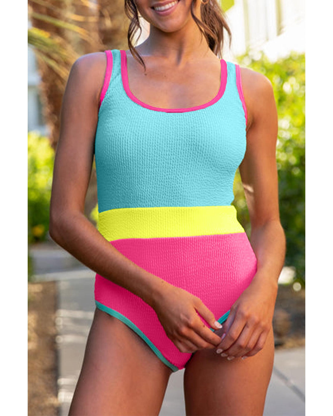 Iceland Blue Textured Color Block Patchwork One Piece Swimsuit - S