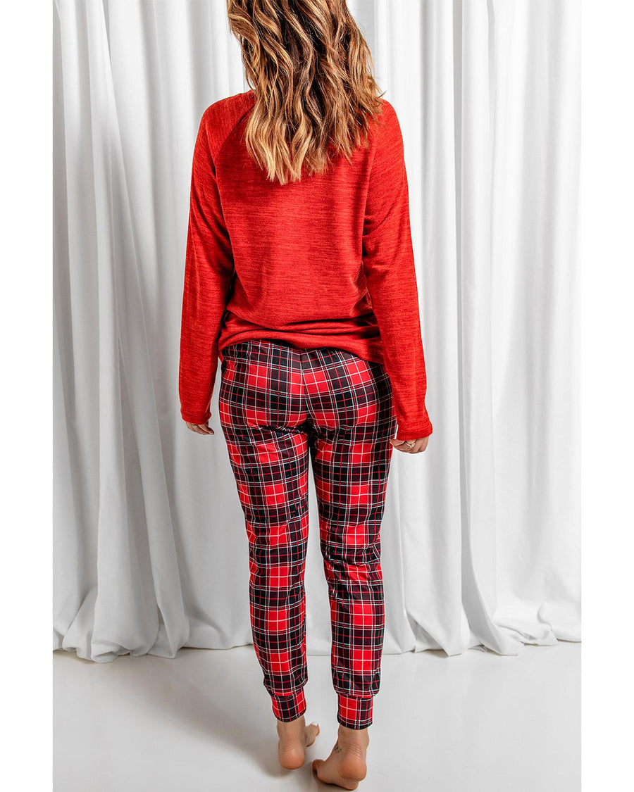 Solid Long Sleeve Top and Plaid Pants Loungewear - L