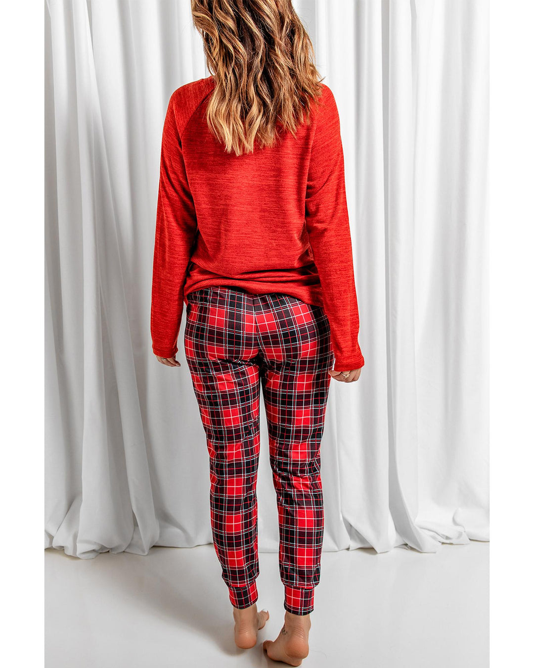 Solid Long Sleeve Top and Plaid Pants Loungewear - XL