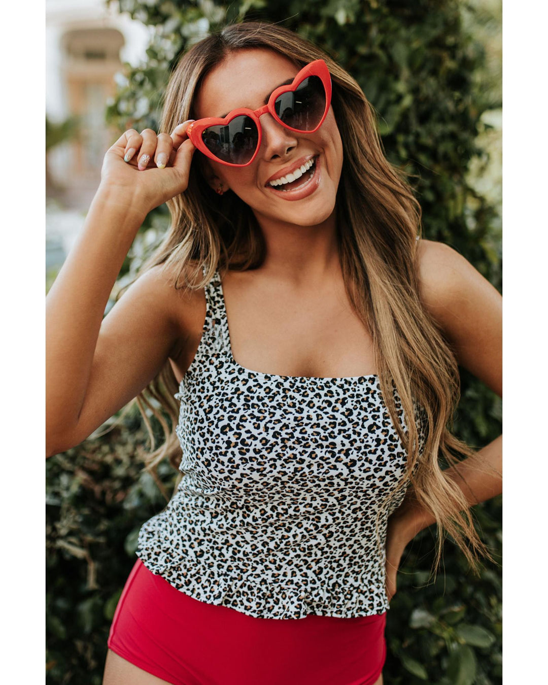 Leopard Ruffled Square Neck Peplum Swim Top - L