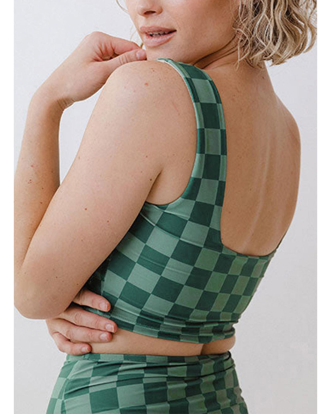 Green Checkered Print Square Neck Cropped Swim Top - 3XL