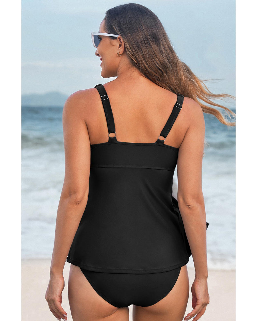 Black Crossed V Neck Adjustable Strap Babydoll Tankini Top - S