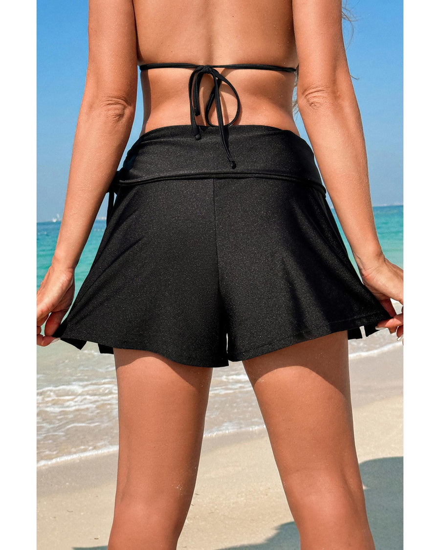 Black Drawstring Ruched High Waist Loose Swim Shorts - S