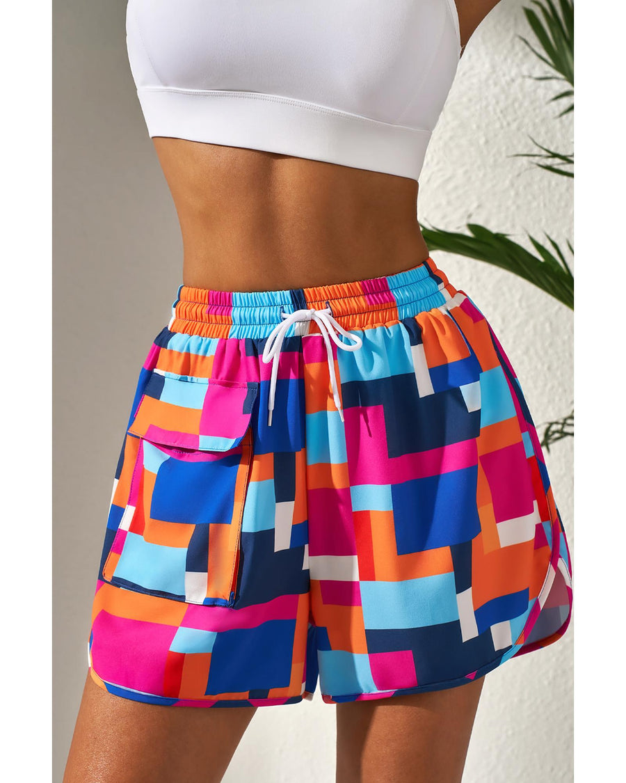 Rose Geometric Printed Drawstring Waist Beach Shorts with Pockets - 2XL