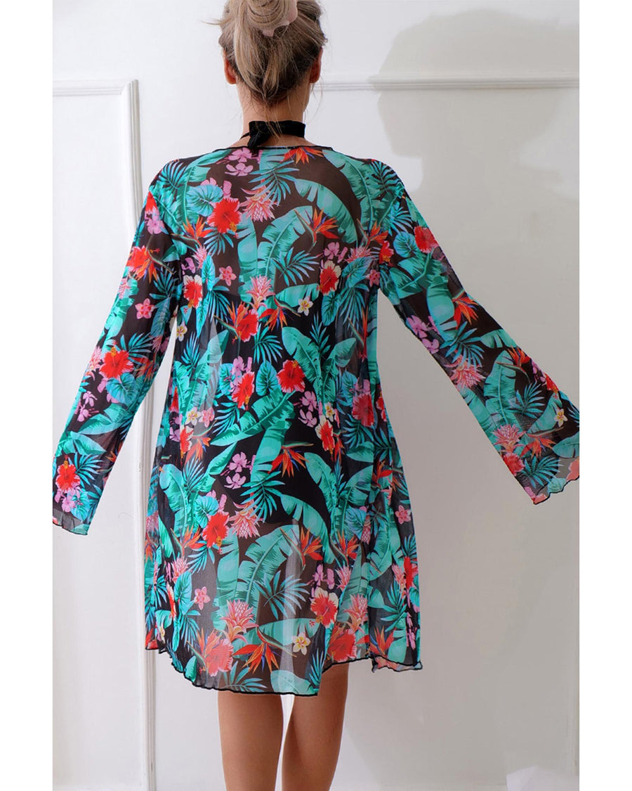 Black Halter Neck Monokini with Floral Beach Cover Up - S