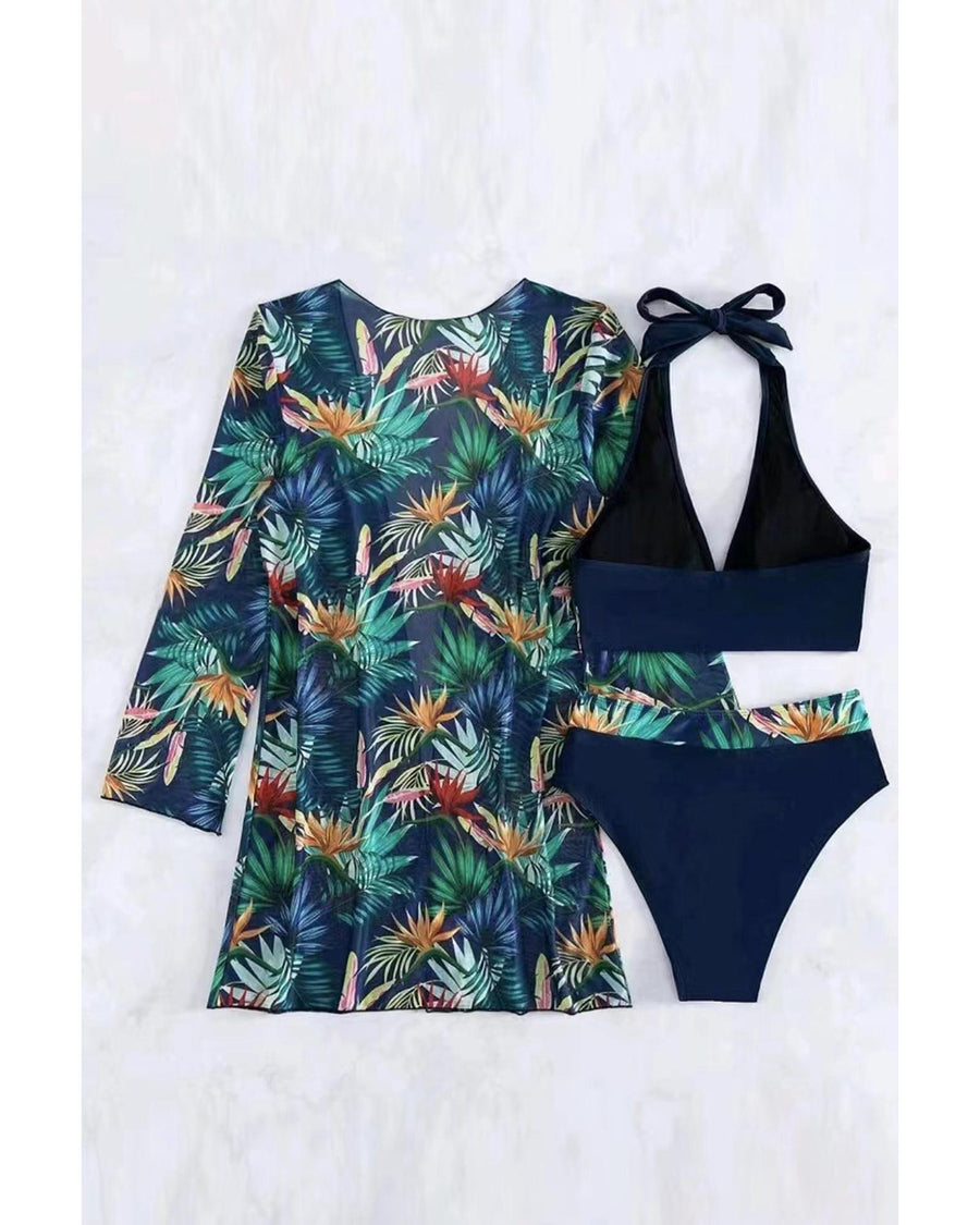 Black 3pcs Tropical Contrast Trim Halter Bikini Set with Cover up - S