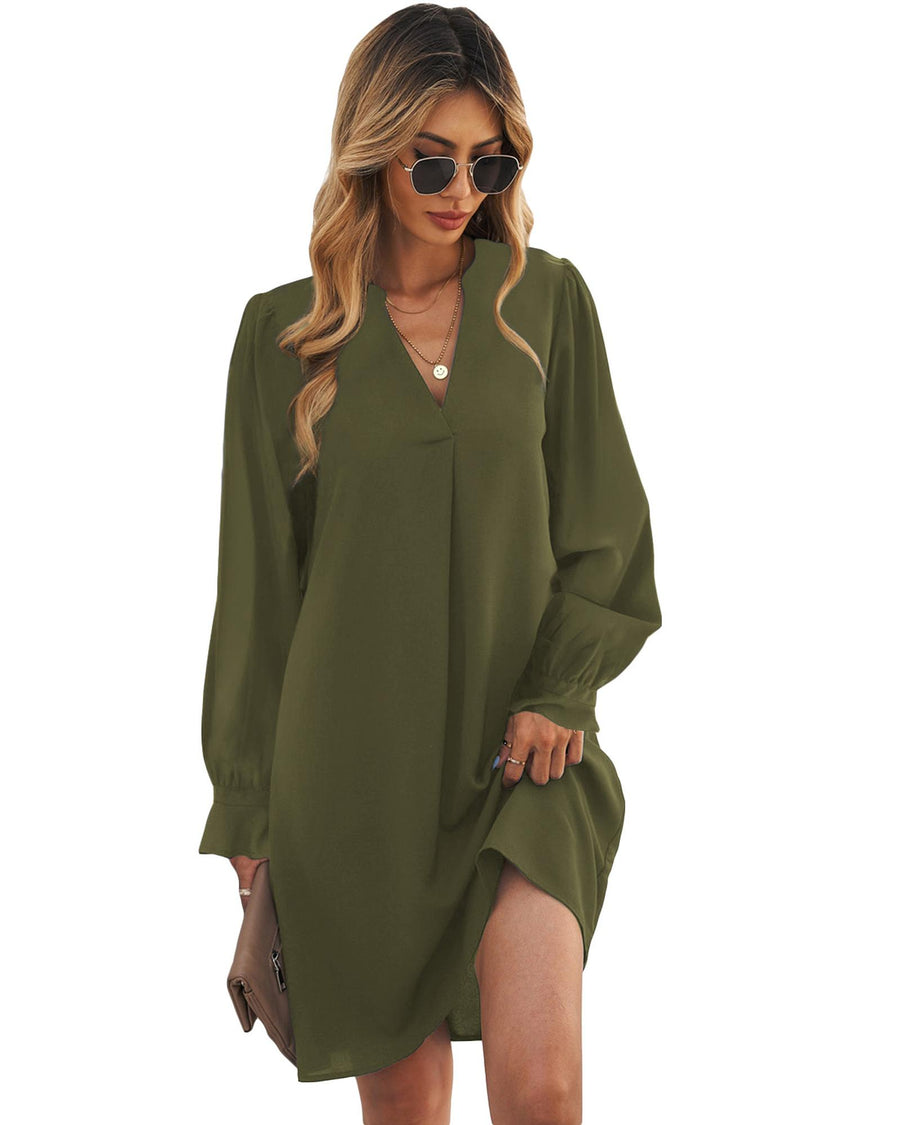 Azura Exchange Green Split V Neck Ruffled Sleeves Shirt Dress - L